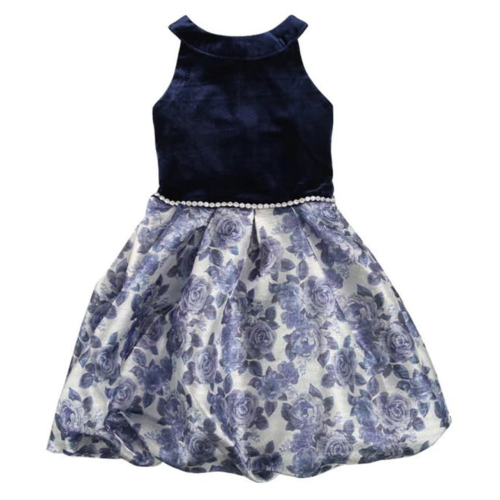 New Amy Byer Girls 8 Navy Blue Velvet /Floral Foil Silver Skirt Dress